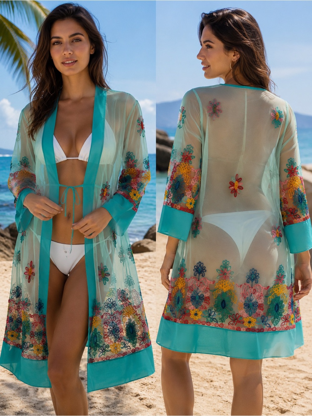 ASHA Sheer Floral Embroidered‎ Kimono Swim Cover Up Seafoam Boho